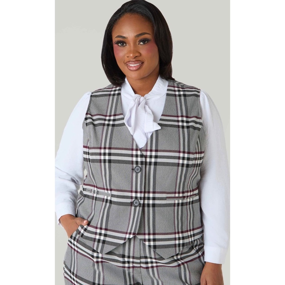 Ashley Stewart Womens Plaid V-Neck Tailored Button Front Vest Grey Plus Size 26